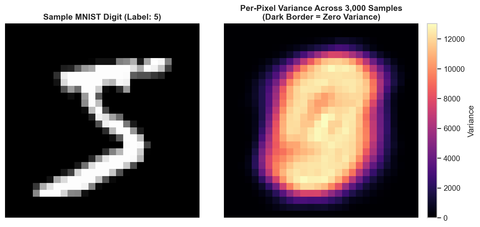 A sample MNIST digit next to a heatmap of per-pixel variance, showing near-zero variance at the border and high variance at the center