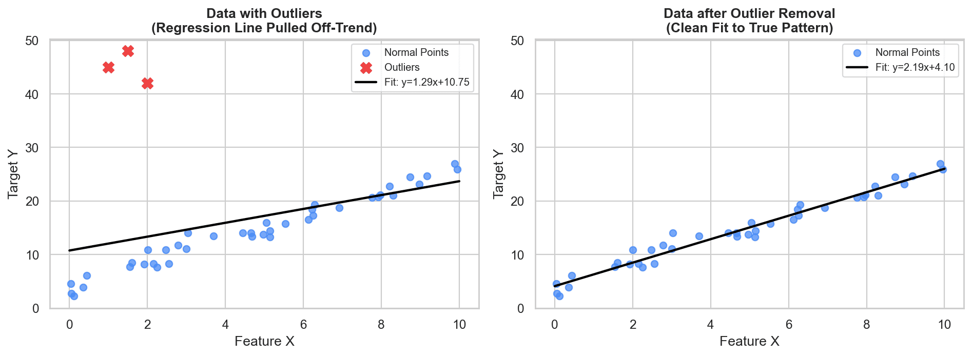 Side-by-side regression plots showing a fitted line skewed by outliers versus a clean fit after removing them