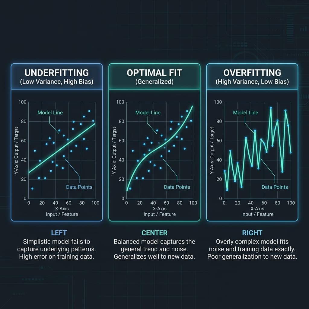 Underfitting vs Optimal Fit vs Overfitting Diagram